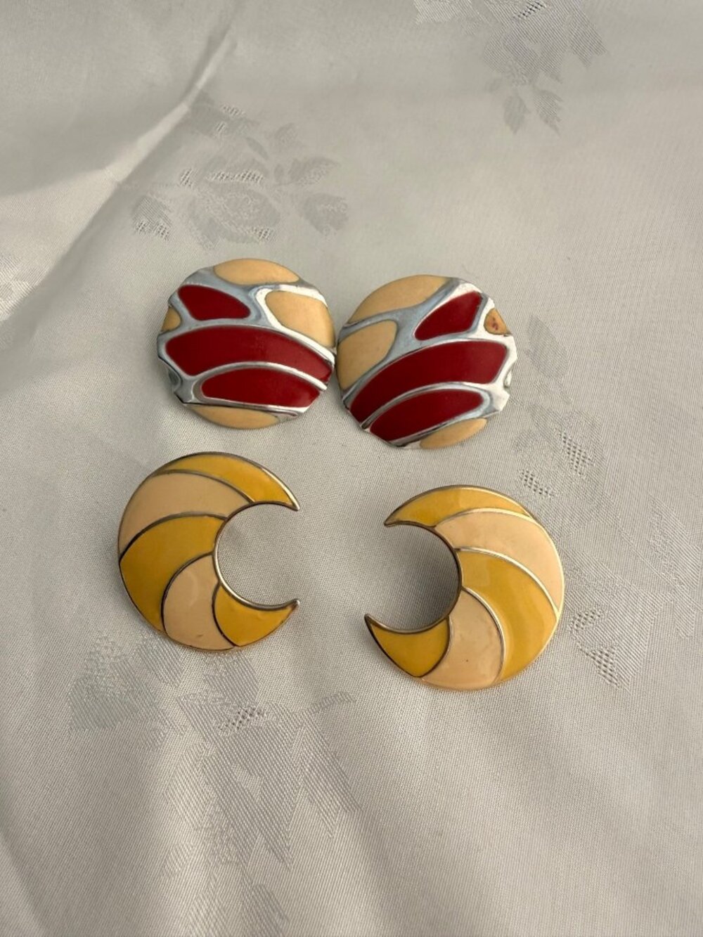 Set Of 2 - Vintage Enamel Earrings - Red / Cream Round & Yellow Crescent Moon
